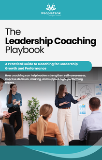 Cover of the People Tank “Leadership Coaching Playbook” showing a professional presenting to a group.
