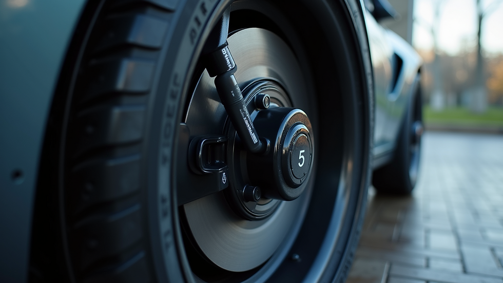 Close-up view of an electric vehicle tire and brake system