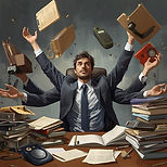 Erstelle ein Bild von einem Unternehmer, der am Schreibtisch sitzt mitten im Chaos. Er hat