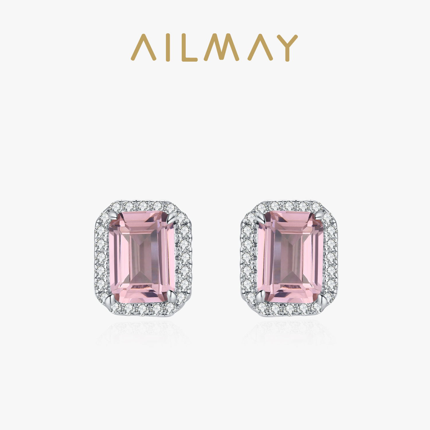 Ailmay Luxury 925 Sterling Silver Pink Rectangle Emerald cut Zircon Earrings For