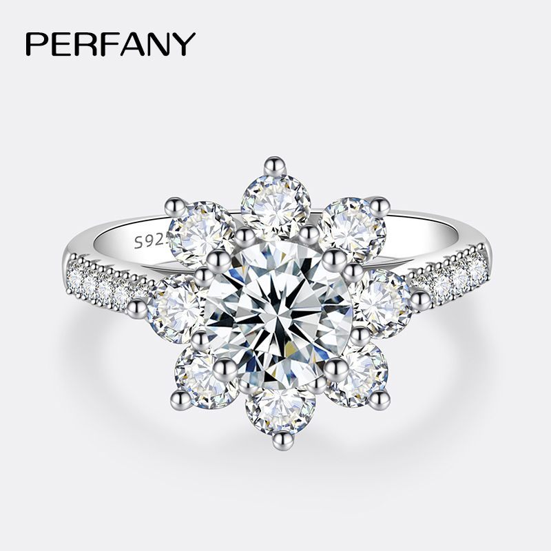 Miniatura: PERFANY 1-2CT Moissanite Ring for Women S925 Pure Silver Sunflower Design Labora