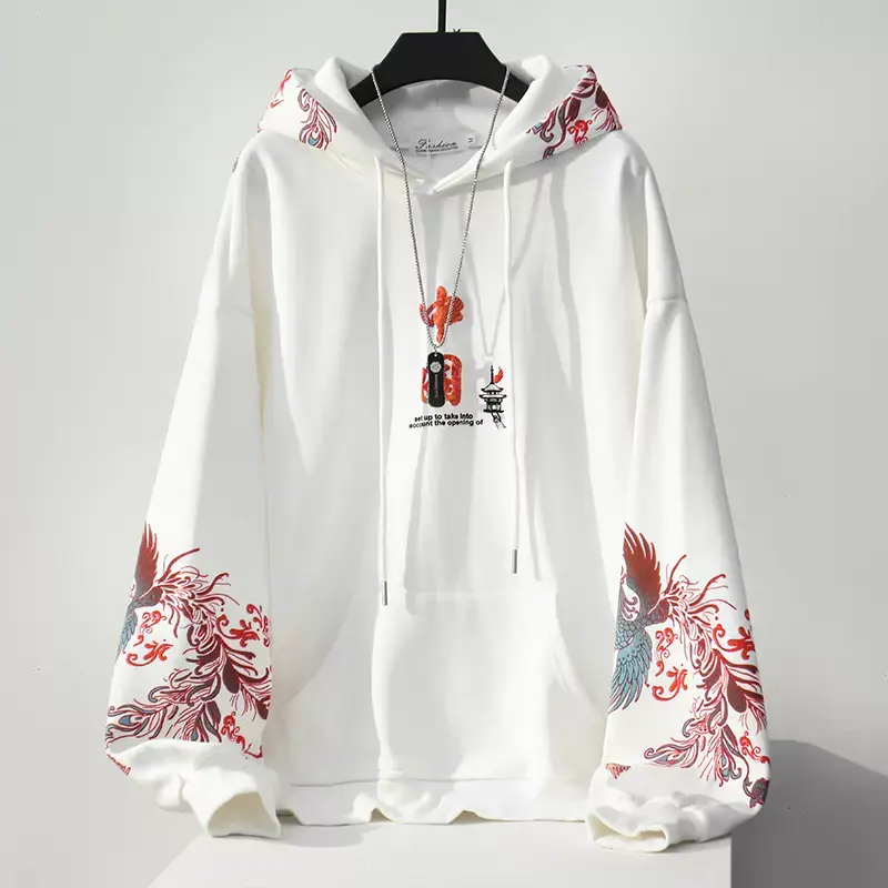 Front View Of White Red Phoenix Printed Cool Japanese Hoodie