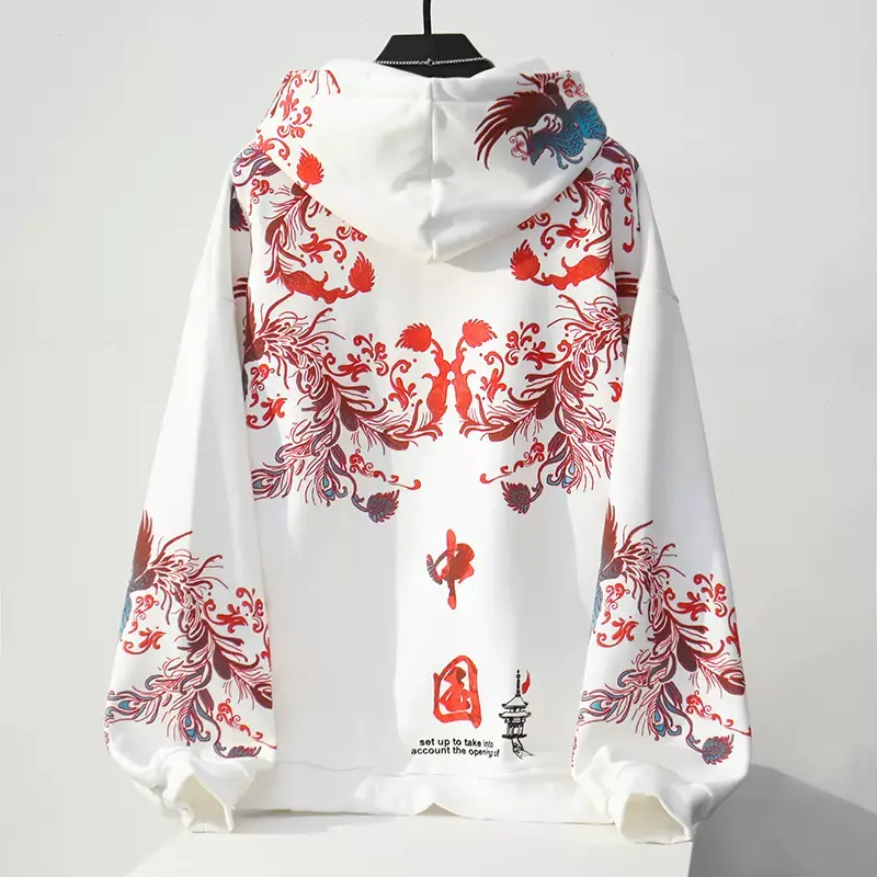 Back View Of White Red Phoenix Printed Cool Japanese Hoodie