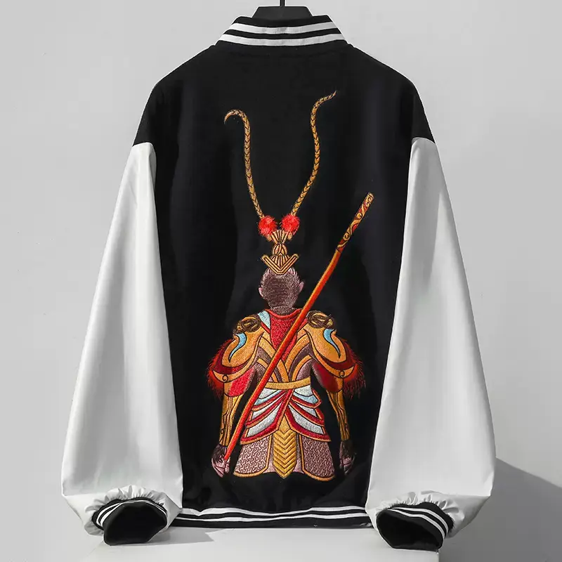 Back View Of Black Vintage Monkey God Japanese Bomber Jacket