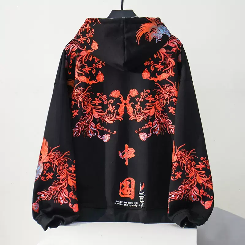 Back View Of Black Red Phoenix Printed Cool Japanese Hoodie