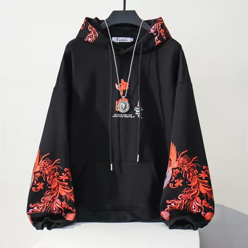 Front View Of Black Red Phoenix Printed Cool Japanese Hoodie