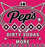 Logo, Hot Pink Background, Black Text in Lobster Font saying Pep's surrounded by checkered like pieces.