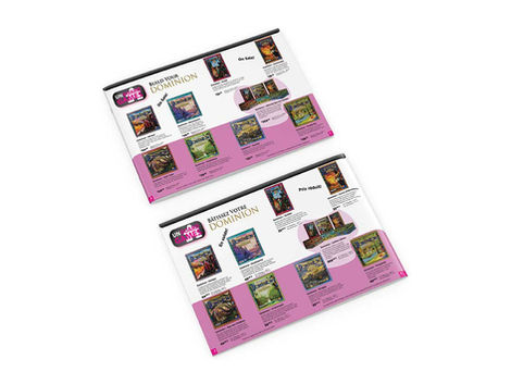 english and french examples of a board game sales pamphlet where the colour sections are printed identically