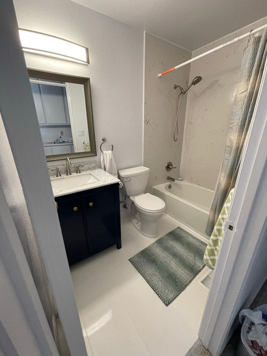 Full view of a completed high-end bathroom renovation by Omega Construction & Handyman Services.