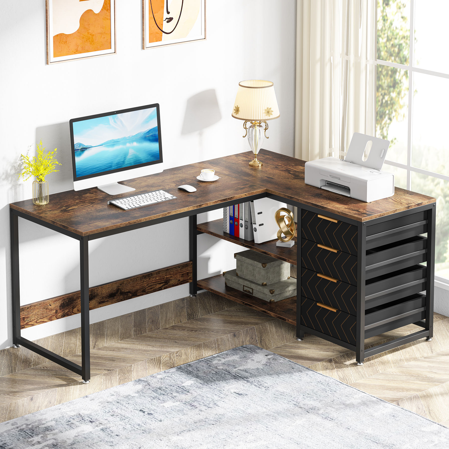 Tribesigns L Shaped Computer Desk with Storage Drawers, 59 inch Corner Desk with