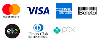 Formas de pagamento aceitas: Mastercard, Visa, American Express, boleto, Elo, Diners Club e Pix