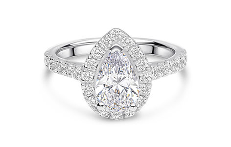 The Highgate pear-shaped halo engagement ring setting in white gold with three-claw setting and diamond-set cathedral shoulders.