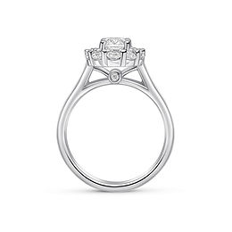 Oval hidden halo diamond engagement ring with four-claw cathedral setting and hidden diamond gallery.