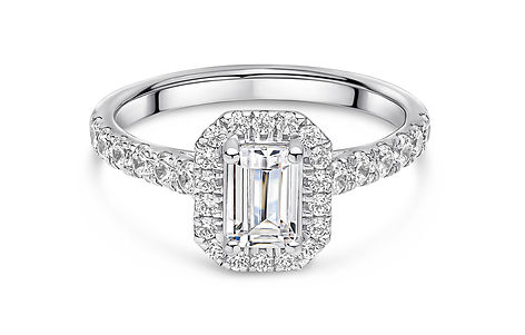 The Belgravia emerald cut halo engagement ring setting in white gold with four-claw cathedral setting and diamond-set shoulders