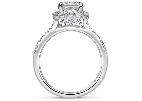 The Richmond round brilliant halo engagement ring with scroll gallery and diamond-set shoulders, front view