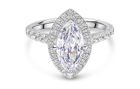 The Marylebone marquise-cut halo engagement ring setting in white gold, featuring four claws, a diamond halo and micro-set diamond cathedral shoulders.