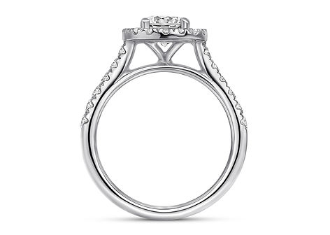 Round brilliant four-claw cathedral halo engagement ring setting with diamond-set shoulders in white metal