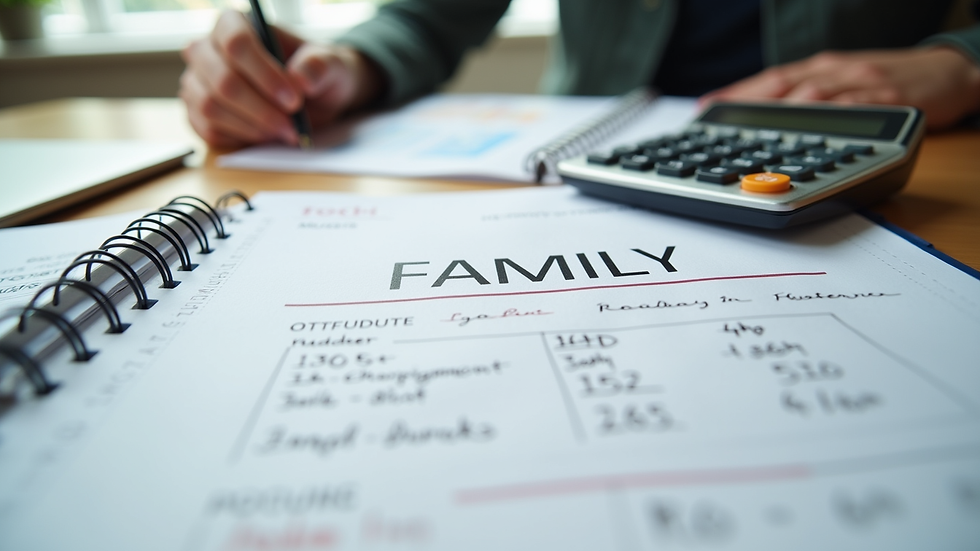 Eye-level view of a family budget planner with notes and calculator