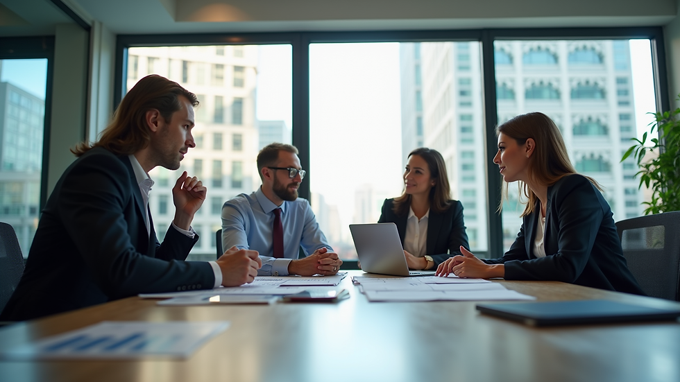 Eye-level view of a modern office with financial advisors discussing plans
