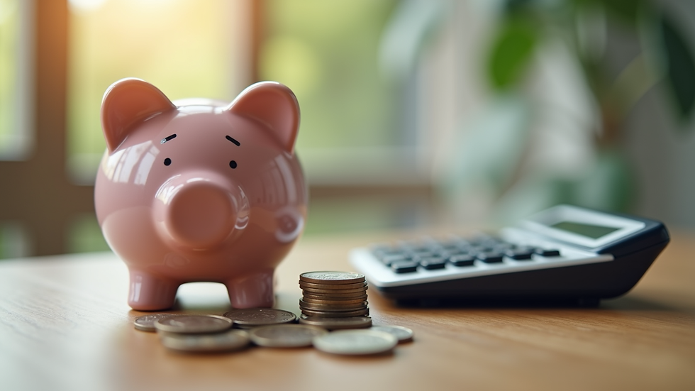 Close-up of a piggy bank with coins and a calculator on a wooden table