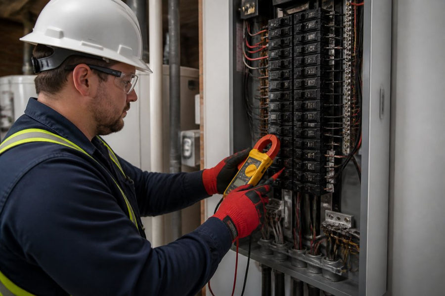 Electrician using a clamp meter on a commercial panel for managing electrical loads for commercial buildings