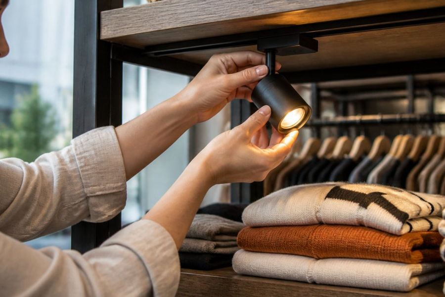 A retail store associate adjusting a small spotlight on a shelf display in a clothing boutique, warm accent light on merchandise, modern interior