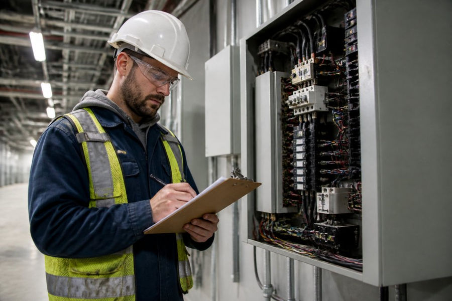 Electrician reviewing a compliance checklist near a panel to meet federal building electrical standards 2026 update.