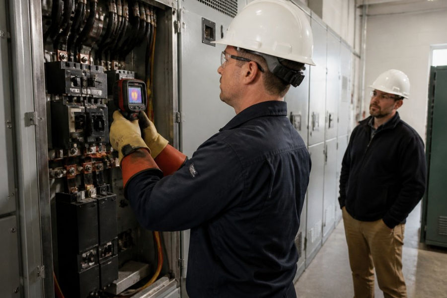 Electrician using thermal imaging for commercial electrical maintenance on a facility panel