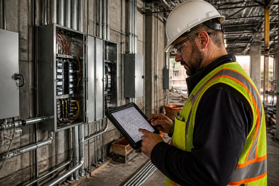 Electrician reviewing blueprints on a tablet, a key step in determining commercial electrical service pricing factors.