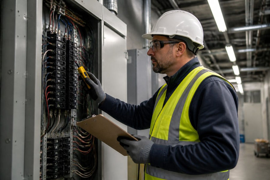 Licensed electrician using a voltage tester during an electrical code compliance inspection of a commercial panel.