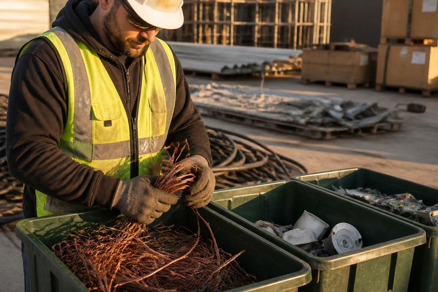 Electrician sorting copper wire and used fixtures into bins to support sustainable practices on a job site