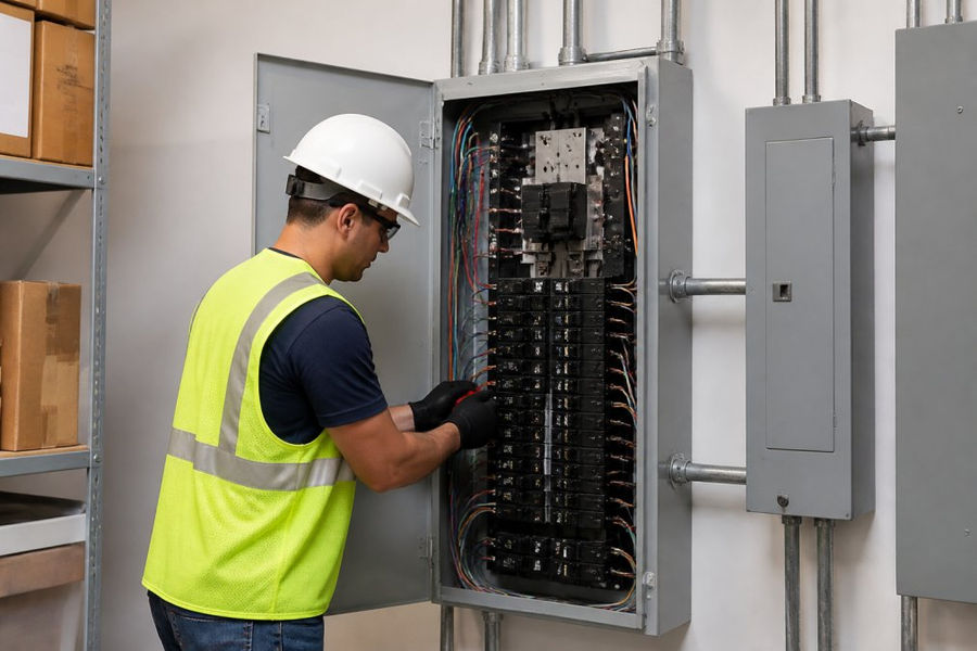 A licensed electrician in safety gear working on a large commercial electrical panel in a retail back-of-house area, with organized conduit runs and labeled breakers visible