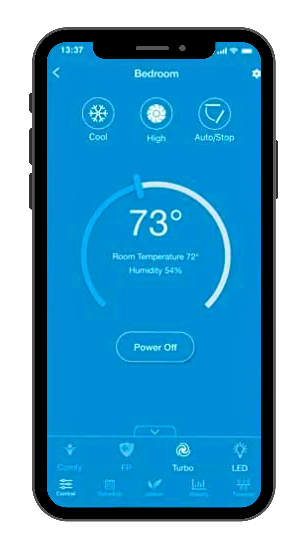 Smartphone displaying a smart thermostat control set to 76 degrees in a bedroom setting, with a transparent background.
