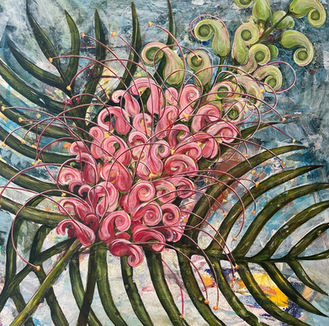 Unfurling pink to green grevillea