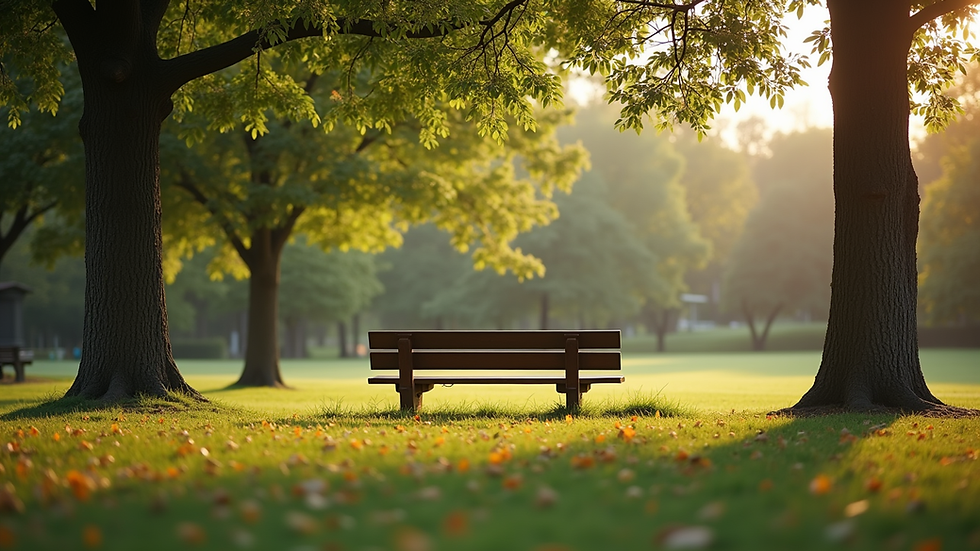 Eye-level view of a peaceful park setting with a bench under a tree