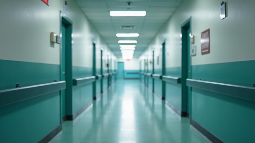 Eye-level view of hospital corridor with safety signage