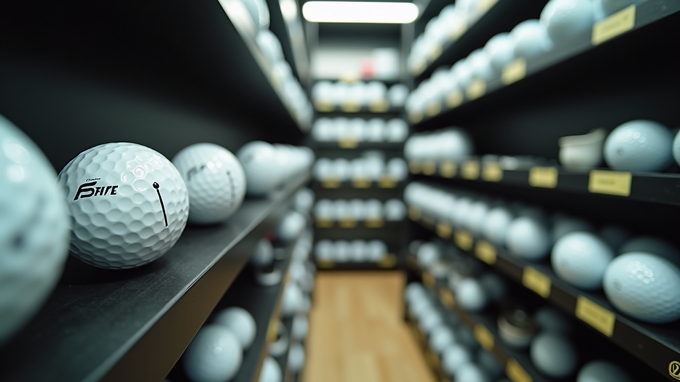Close-up view of golf balls and accessories on shelves in a Tokyo golf shop