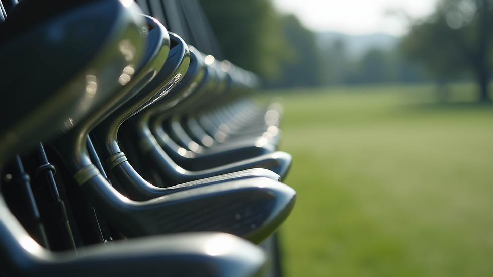 Close-up view of golf clubs lined up at a Tokyo golf training facility