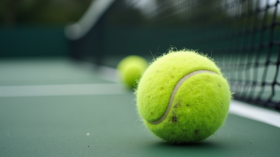 Close-up view of tennis balls on a court ready for practice