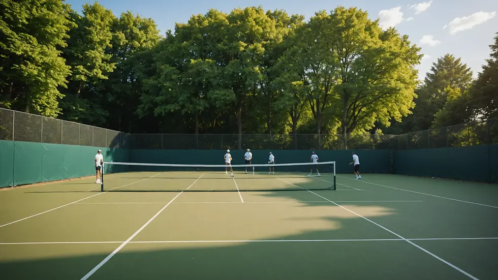 Wide angle view of tennis courts filled with players