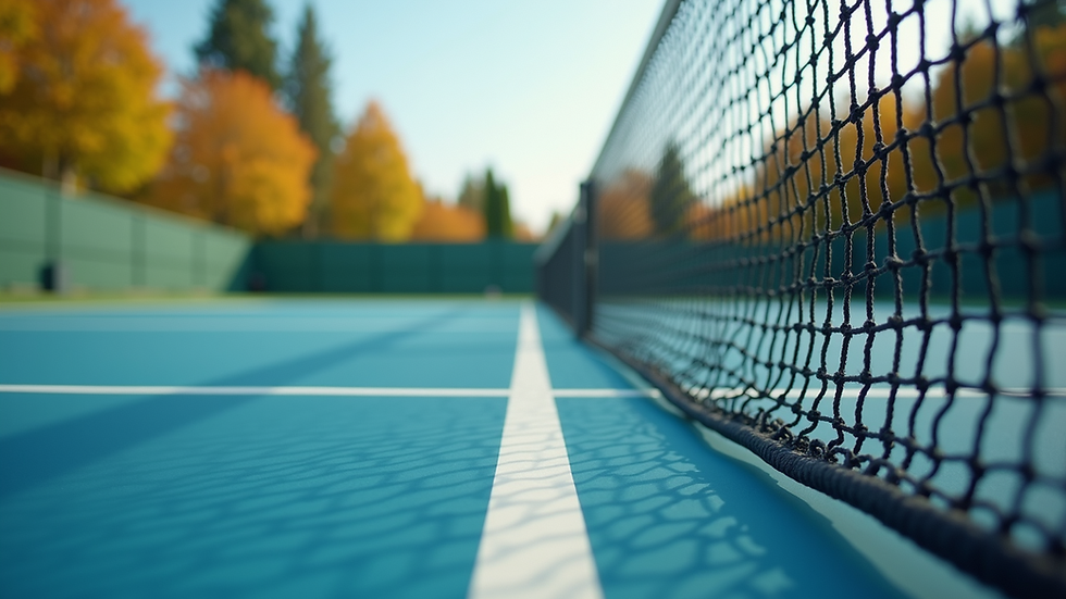 Eye-level view of a tennis court with an empty net