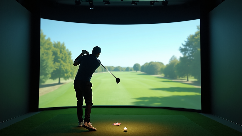 High angle view of a golf simulator room with a player practicing indoors