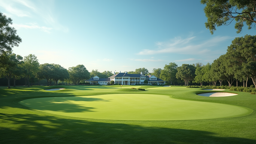 Wide angle view of a golf course with a clubhouse in the distance and a clear blue sky
