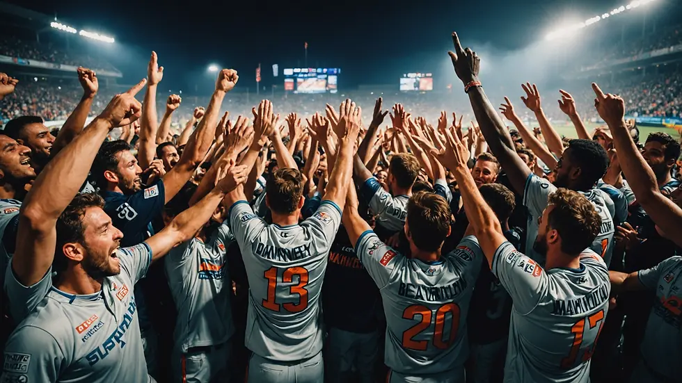 Eye-level view of players celebrating a successful rally