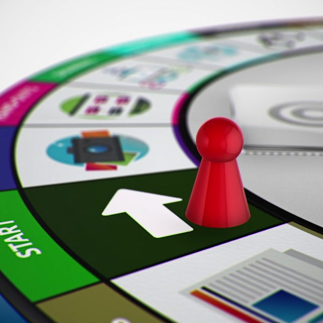 Explainer video of a monopoly style baord game with consequences on revery step if the copyright is not followed correctly