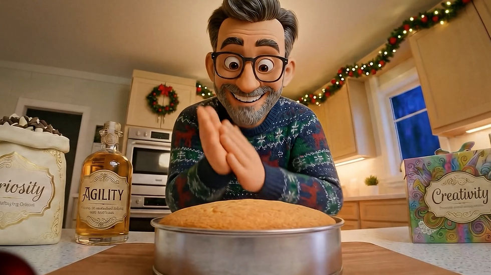 High-end AI image of a character rubbing his hands together as he looks at a freshly baked cake in a cosy kitchen