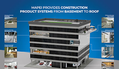 Large-scale exhibition stand banner design featuring a 3D architectural cross-section of a building and basement.