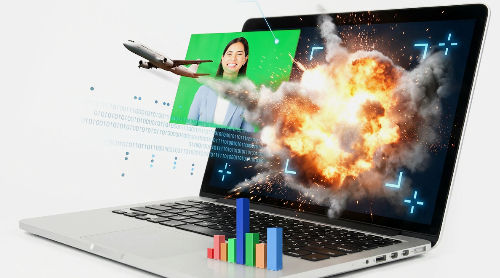 Graphics of multiple VFX skills flying out of a laptop screen, with Green screen, compositing, AI FX and 3D animation featued in the list offered by Shake Studios