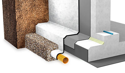 Detailed 3D technical illustration showing the layered application of waterproofing materials on concrete and drainage pipes.