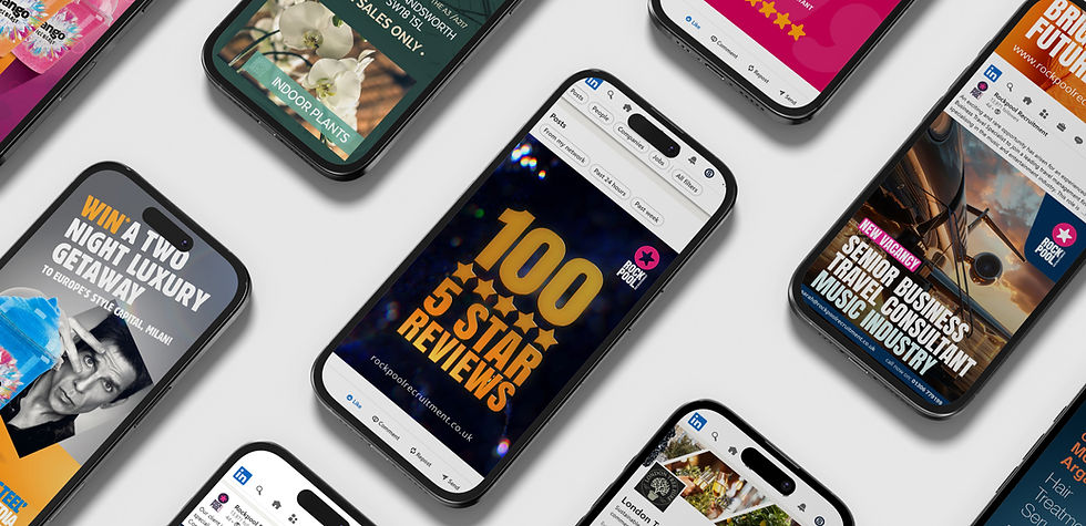 An array of mobile phones shpwcasing the social media content created by Shake Studios